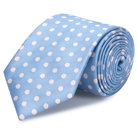 Blue Silk Tie With Pink Polka Dots