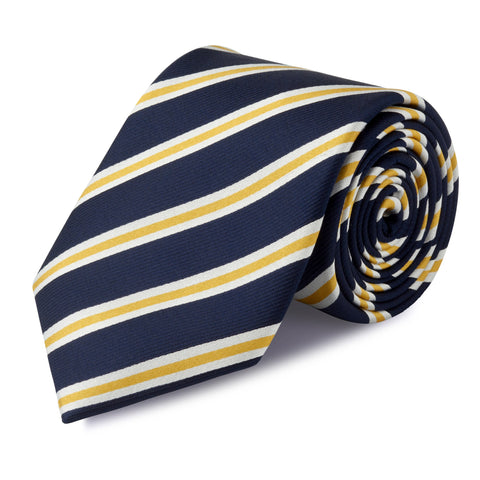 Navy with White and Gold Stripes Silk Tie