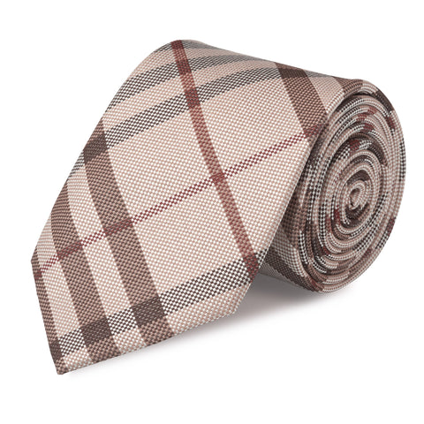 Beige & Brown Tartan Silk Woven Tie