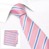 Pink Woven Silk Tie with Blue and White Stripes Silk Tie & Handkerchief Set