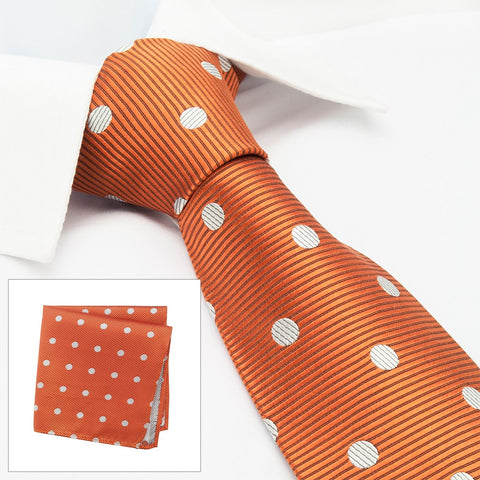 Burnt Orange Silk Tie & Handkerchief Set With White Polka Dots