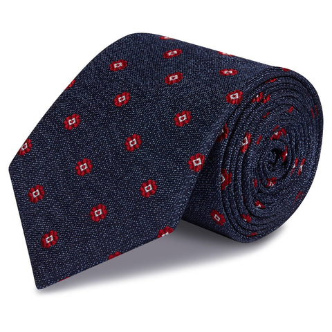 Navy & Red Textured Flower Spot Silk Tie